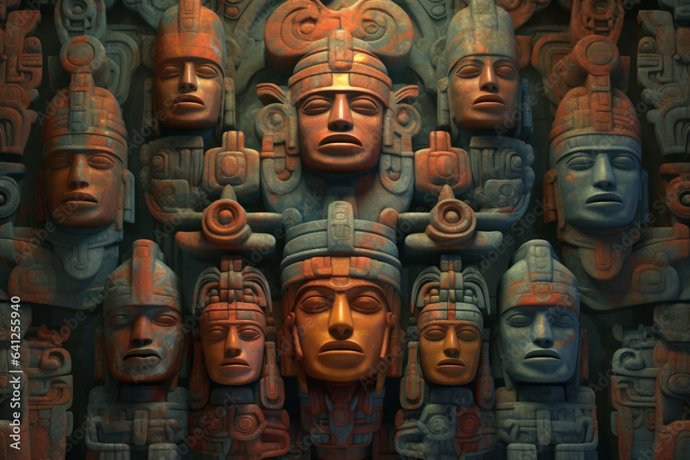 Leinwandbilder an abstract portrayal of shamanic figures in olmec art, with mystical shapes and a subdued color pal