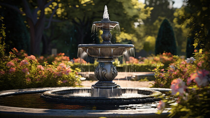 A fountain gracefully adorning the garden landscape