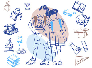 Boy and girl, schoolchildren with school supplies. Color graphic image. Vector.