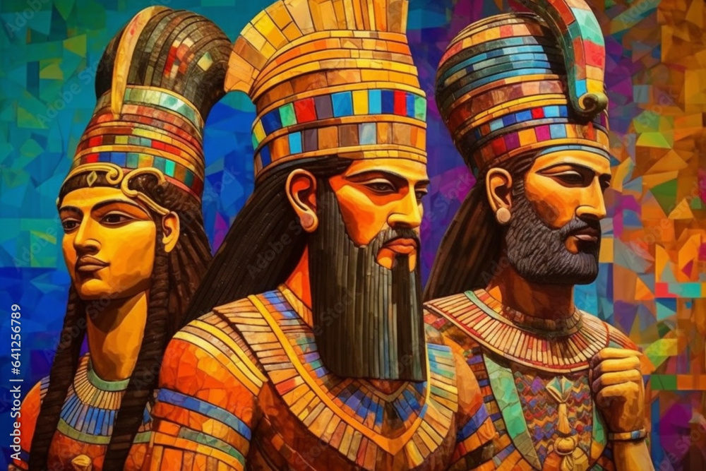 Aufkleber an abstract depiction of assyrian kings and queens, with bold lines and regal colors. generative ai 