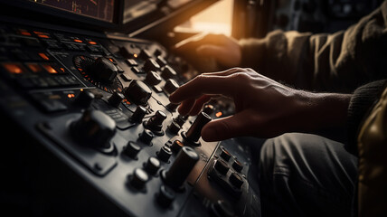 A shot of the pilot's hands firmly grasping the control yoke or joystick - obrazy, fototapety, plakaty