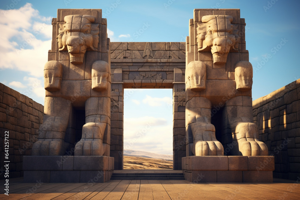 Fototapete An image featuring an abstract interpretation of the Hittite lion gate, with geometric shapes and a majestic color palette.  Generative AI technology.