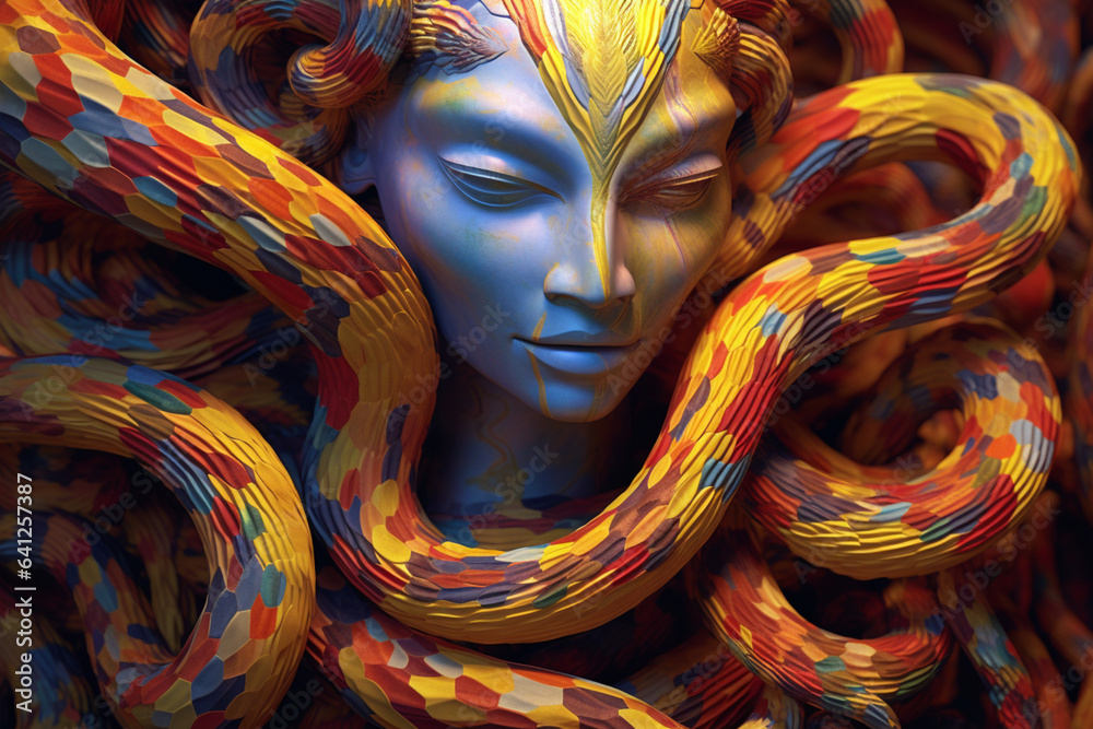 Aufkleber an abstract portrayal of a minoan snake goddess, with sinuous curves and mystical hues. generative a