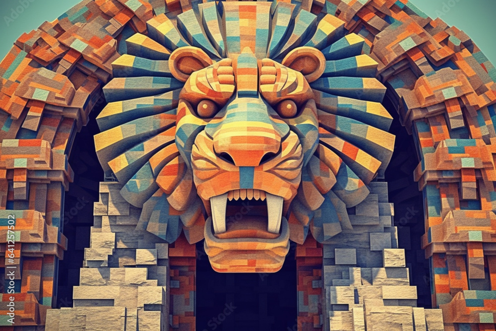 Aufkleber an abstract depiction of the iconic lion gate of mycenae, with bold geometric shapes and a regal col