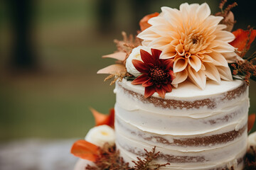 Obraz na płótnie Canvas Autumn wedding: wedding naked cake with orange Barberton daisy flowers