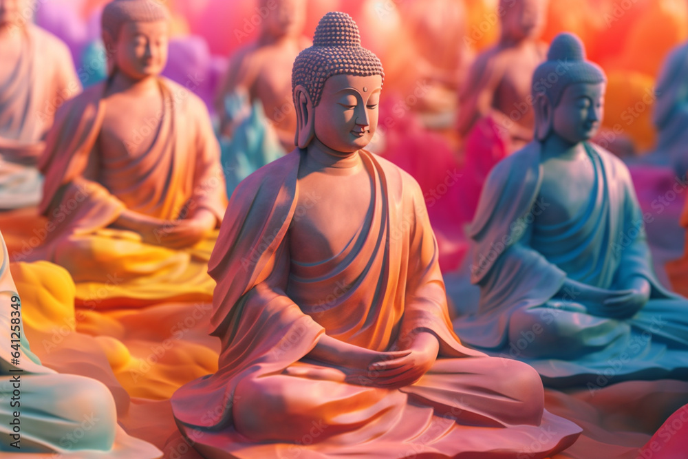 Poster an abstract interpretation of kushan buddha statues, with serene forms and soothing colors. generati