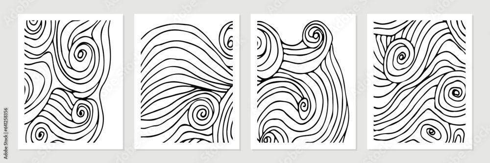 Poster set of vector organic abstract minimalist shapes in black on white background.