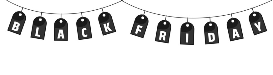 Black friday garland of tags with letters isolated on white background. Vector illustration
