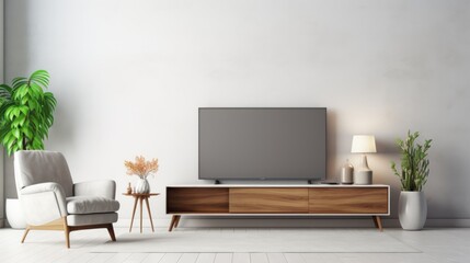 Front view of a modern minimalist scandi living room. White wall, flat TV on tv-stand, trendy cushioned furniture, plants in vases, table lamp. Home decor. Mockup, 3D rendering.