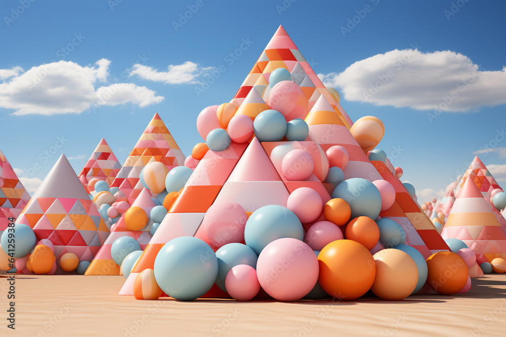 Poster  In this unique interpretation, the Pyramids of Giza are portrayed as abstract and inflated structures, reminiscent of inflatable sculptures.  Generative AI technology.