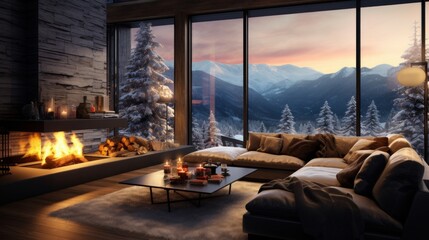 Cozy living room in modern minimalist chalet with Christmas decor. Blazing fireplace, burning candles, elegant Christmas tree, comfortable cushioned furniture, panoramic window with mountains view.