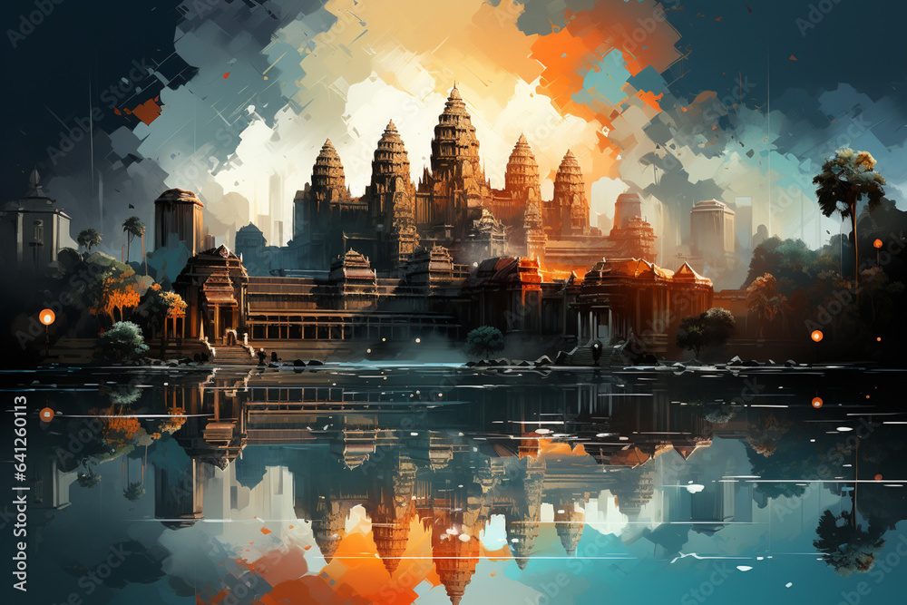Poster in this artwork, angkor wat's architectural grandeur is portrayed through abstract and geometric ele