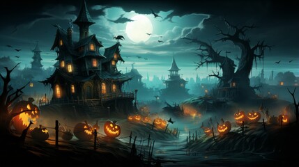 Fototapeta na wymiar Spooky Cartoon Mansion on Halloween Night: Kids as Zombies and Mummies.