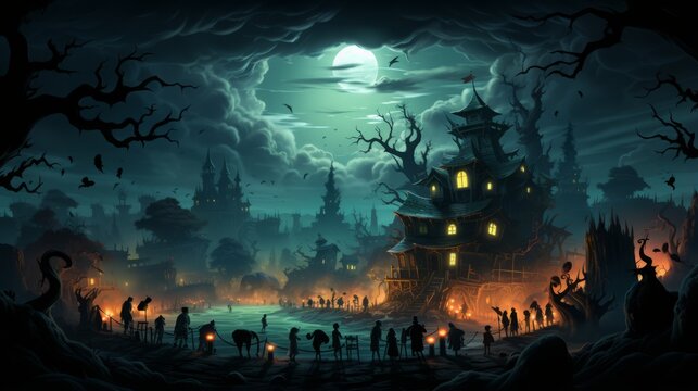 Spooky Cartoon Mansion on Halloween Night: Kids as Zombies and Mummies.