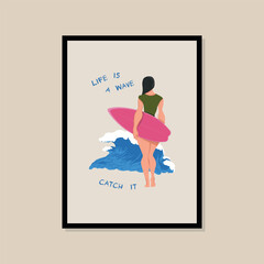 Woman with surfing board vector art print poster for your wall art gallery	