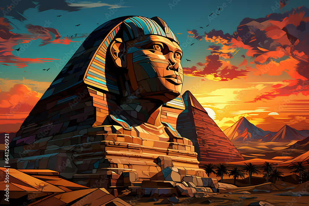 Poster This image portrays the Great Sphinx in an abstract cubist style. The monument is deconstructed into fragmented planes and angles. Generative AI technology.