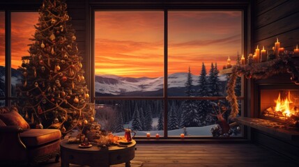 Interior of cozy living room in rustic cottage with Christmas decor. Blazing fireplace, garlands and burning candles, elegant Christmas tree, panoramic windows with winter forest and mountains view.