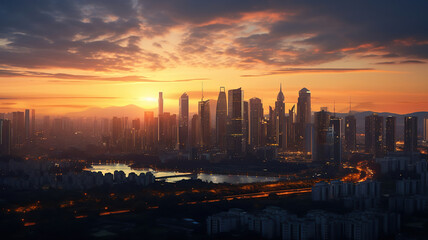 Fototapeta premium The city skyline as the sun sets behind it, casting a warm golden glow on the buildings