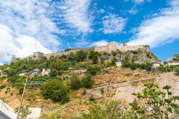 Fototapeta na wymiar Views from below of the Ottoman castle fortress of Gjirokaster or Gjirokastra. Albanian