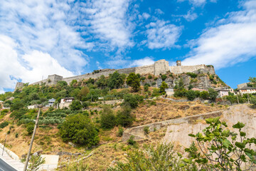 Fototapeta premium Views from below of the Ottoman castle fortress of Gjirokaster or Gjirokastra. Albanian