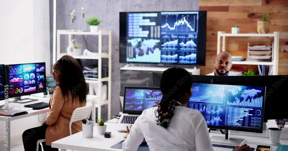 Poster african financial data analysts using dashboard on screens