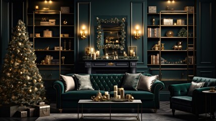 Interior of luxury art-deco living room with Christmas decor in green and gold. Blazing fireplace, wreath, garlands and candles, elegant Christmas tree, gift boxes, comfortable couch, bookcases.