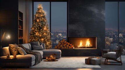 Interior of cozy living room in modern minimalist apartment with Christmas decor. Blazing fireplace and firewood, elegant Christmas tree, gift boxes, large sofa, panoramic window with city view.