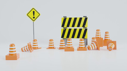 3D traffic con barrier over on white background. Under construction symbol illustration. 