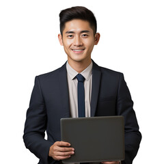 Asian businessman using laptop and looking at camera on transparent background