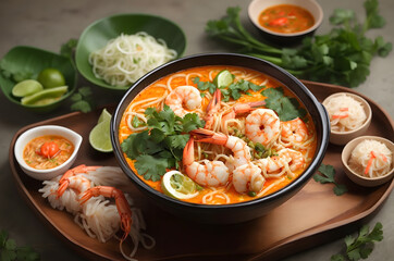 korean seafood thick curry sauce with prawns and egg, food from asia