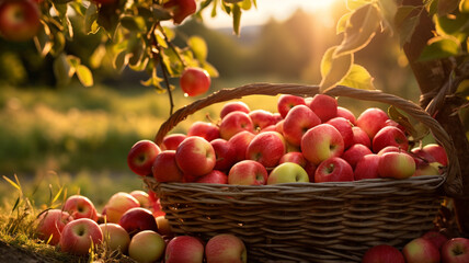 Fresh apples in the orchard at the morning