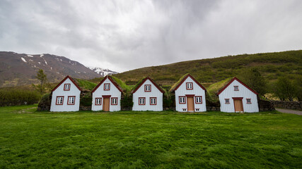 Historic turf farm or sod houses in laufas heritage museum on iceland in summer