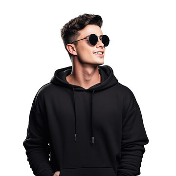 A picture featuring a stylishly dressed young man singing into a microphone while wearing eyewear and a hoodie with a transparent background