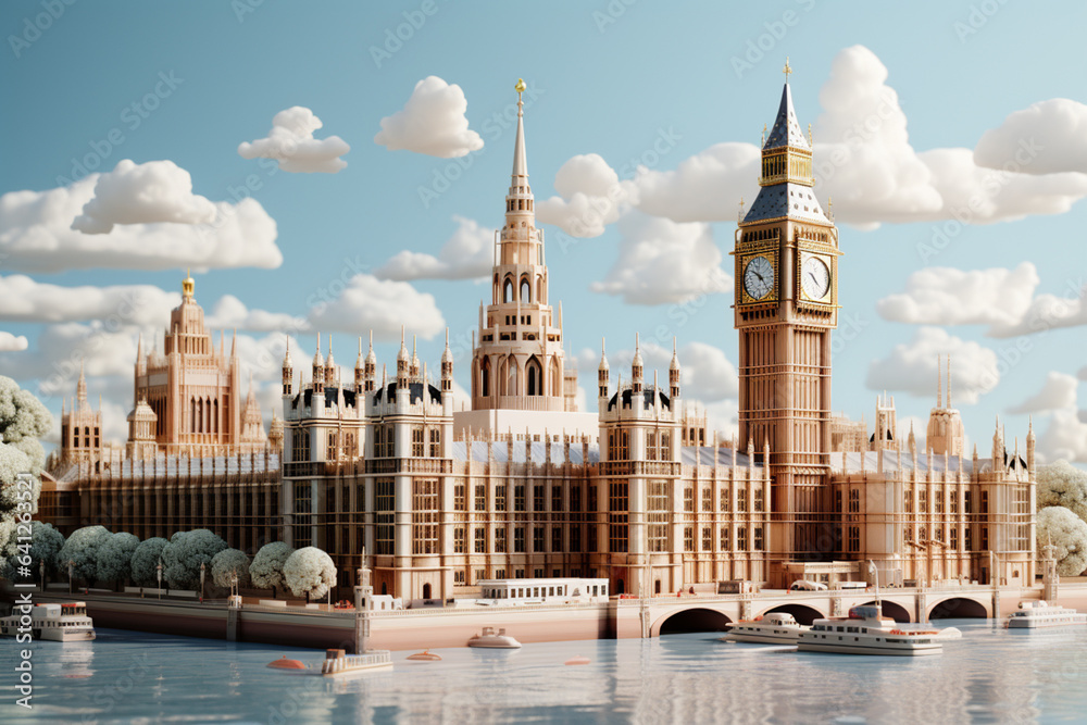 Aufkleber A minimalist representation of the Palace of Westminster, using clean lines, geometric forms, and a monochromatic color palette to convey the sense of power. Generative AI technology.