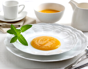 Mango and mint cream served on white plate