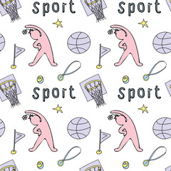 Pattern of sport elements basketball made in doodle style with lettering. Set Doodle lettering sport for banner design. Cute cartoon character.