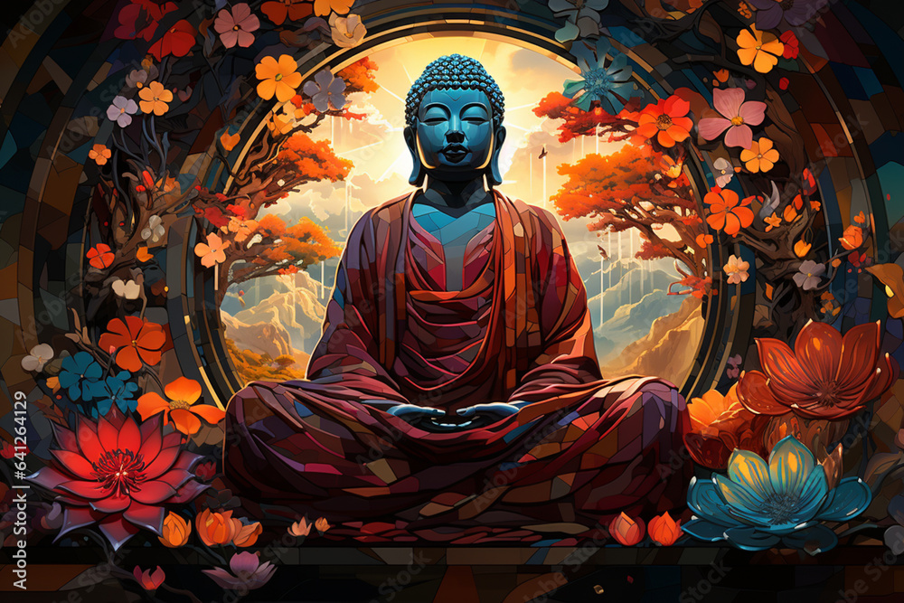 Poster a digital illustration of the great buddha of kamakura, featuring intricate geometric patterns and a