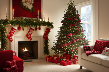 Festive interior with decorated Christmas tree and fireplace. Christmas tree with gifts