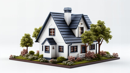 Isolated 3D model of a white modern cottage on a white background. Generative AI technology. - obrazy, fototapety, plakaty