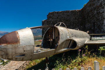 Old fighter plane shot down in the Ottoman castle fortress of Gjirokaster or Gjirokastra. Albanian