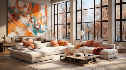 Interior of modern spacious bright studio apartment. Living area with comfortable sofa and large abstract painting on the wall. Natural colors, floor-to-ceiling windows with forest view. 3D rendering.