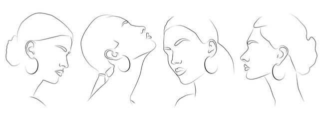 A set of portraits. Cute minimalistic drawings of a woman with jewelry.