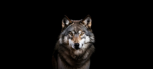 Scary dark gray wolf (Canis lupus), direct eye contact in the dark looking at the camera on a black background