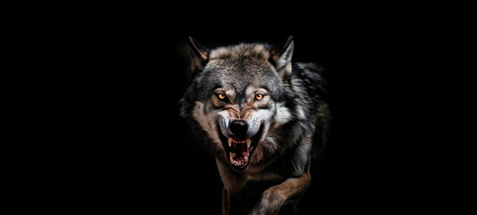 Scary dark gray wolf (Canis lupus), direct eye contact in the dark looking at the camera on a black background © chiew