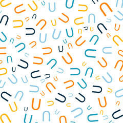 Seamless abstract U letter vector geometric pattern. Colorful letters on white background. Random order. Gift wrapping paper, fabric, poster. Bed linen and interior. School and learning theme.