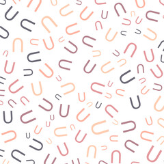 Seamless abstract U letter vector geometric pattern. Colorful letters on white background. Random order. Gift wrapping paper, fabric, poster. Bed linen and interior. School and learning theme.