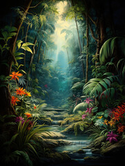 Obraz na płótnie Canvas Whimsical tropical forest, dark scene with lots of tropic plants, flowers, deep jungle, digital painting, fantasy scene, vertical background
