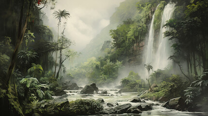 Obrazy na Plexi  waterfall in the tropical forest, jungle landscape with trees, waterfall, river and mountains, whimsical digital painting