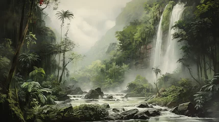 Fototapete Waldfluss waterfall in the tropical forest, jungle landscape with trees, waterfall, river and mountains, whimsical digital painting
