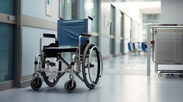 A wheelchair set in a hospital room background